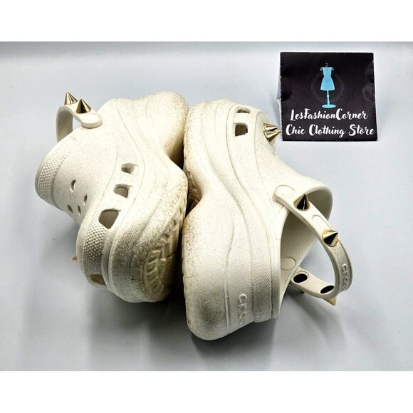 Crocs Women's White Off Bae Glitter Stud Platform Clogs Gold Spikes Sz 9  2360 - Picture 13 of 16